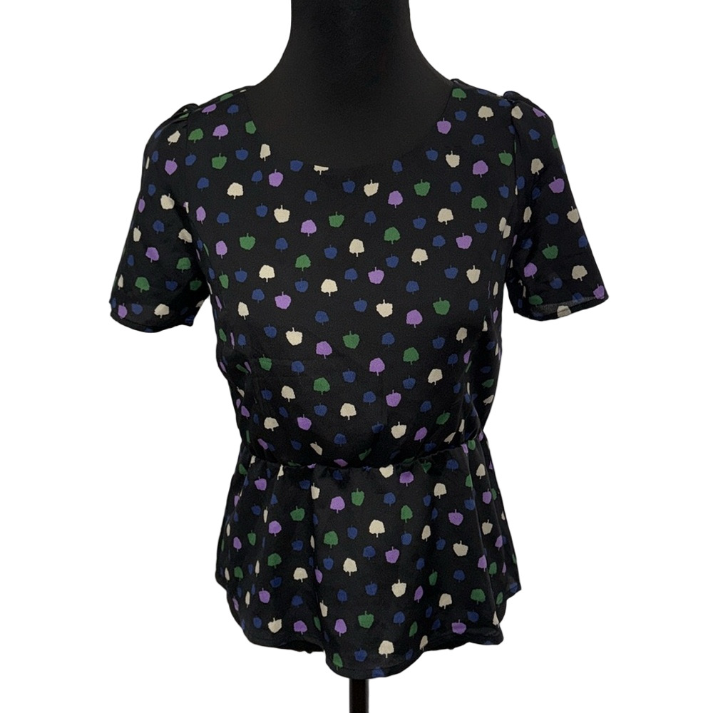 Freebird Women’s Medium Black Multicolor Graphic Peplum Short Sleeve Blouse Top